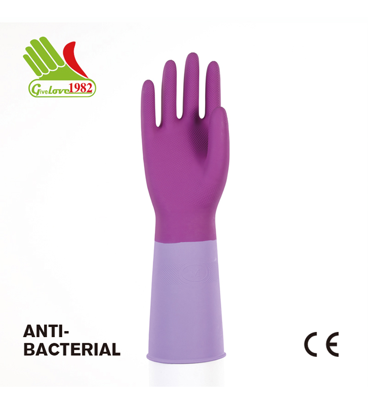 抗菌玫紫双色喷绒家用乳胶手套