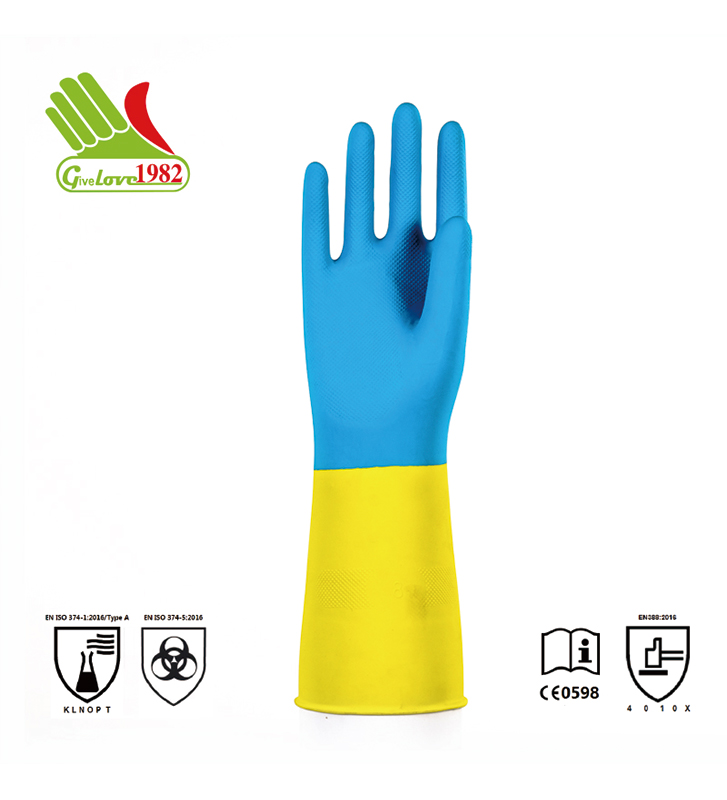 蓝黄双色氯丁喷绒工业手套